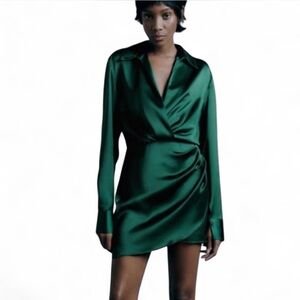 Zara Emerald Satin Wrap Dress - SIZE M